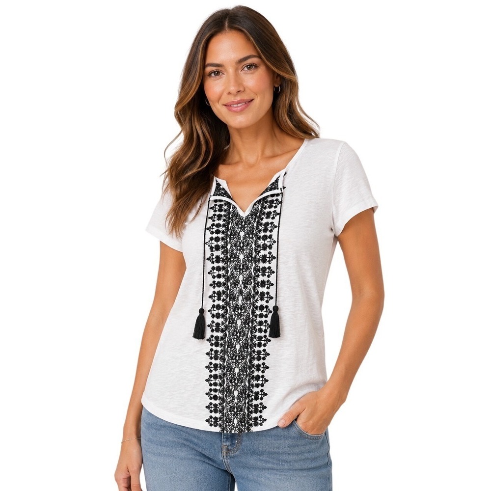 Talbots Women Large White Black Embroidered Tassel Cotton Slub Short Sleeve Top